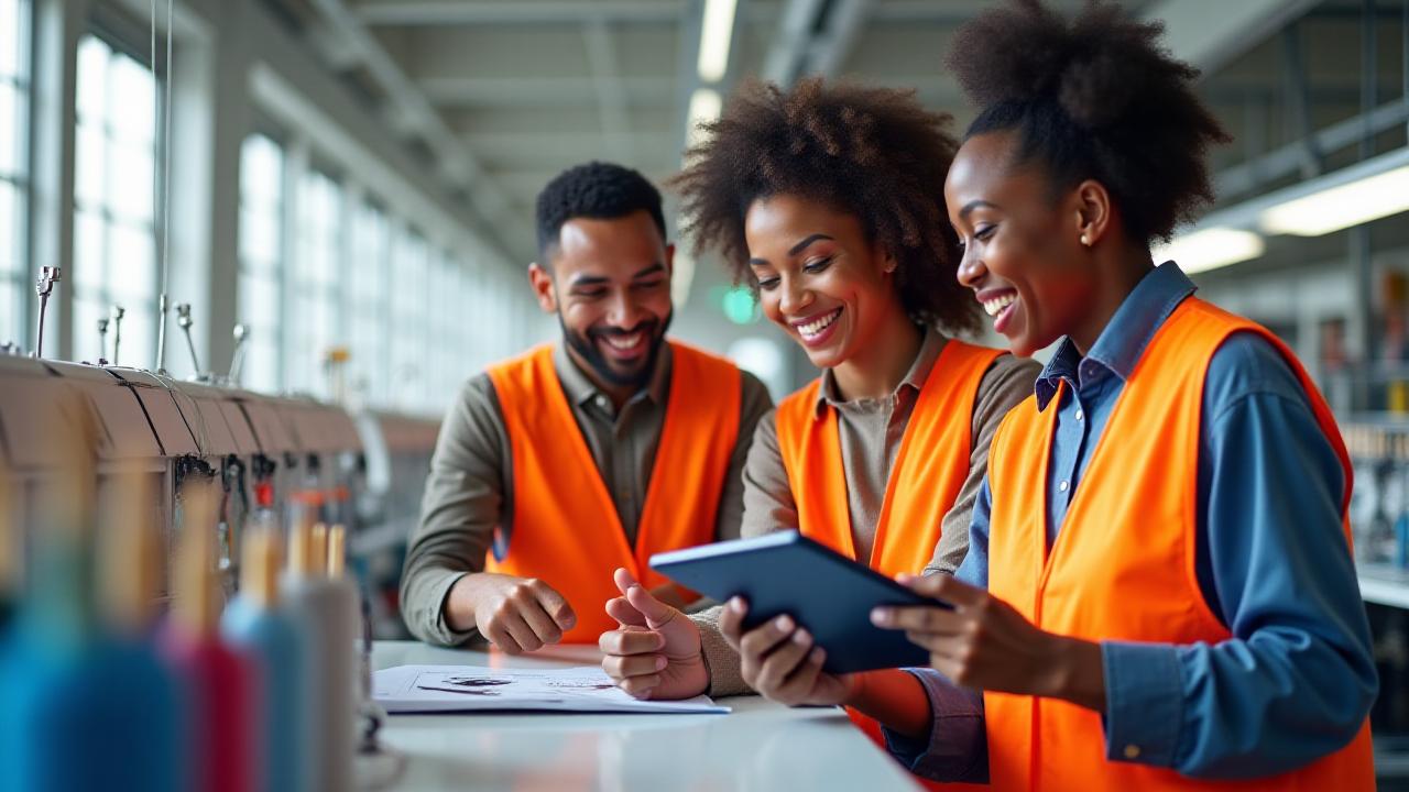 Diverse team of textile workers collaborating in a modern factory setting